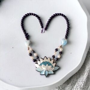 Lee Sands 1980's Large Inlaid Mother of Pearl Lotus Flower Multi-Strand Necklace